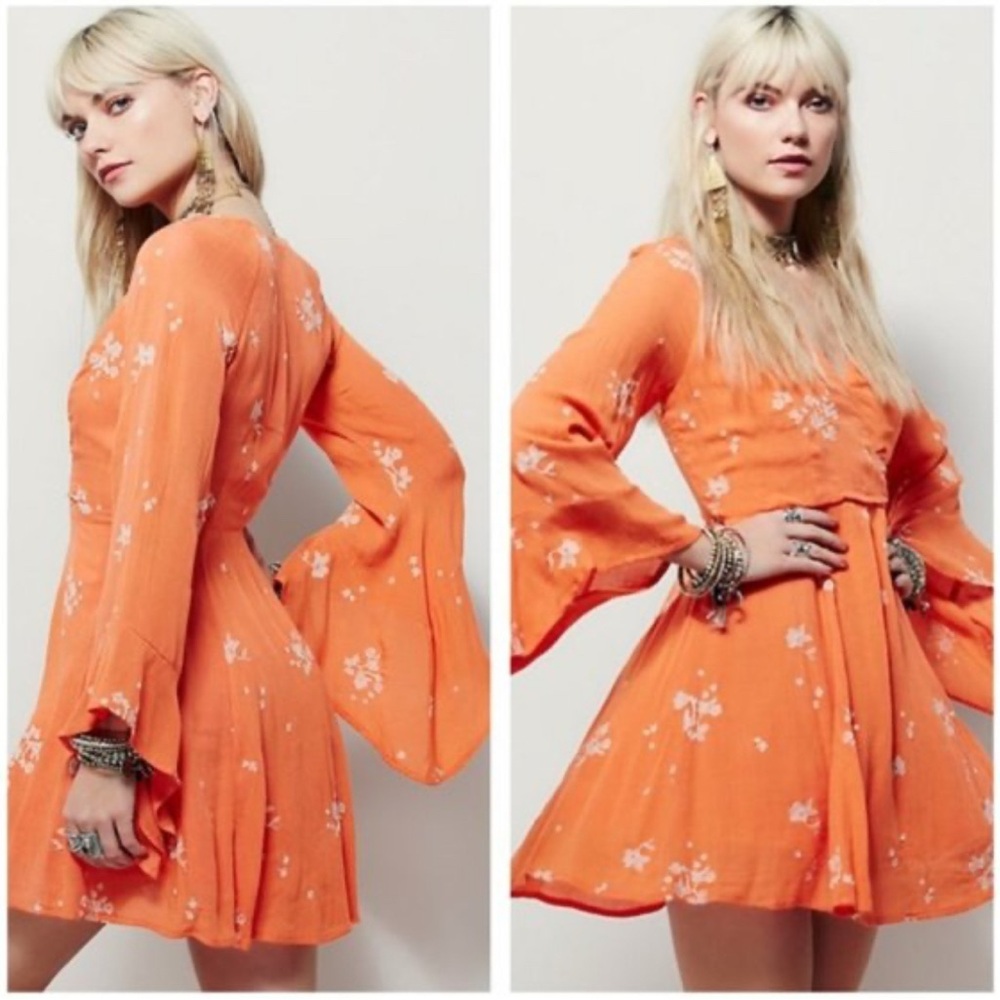 Free People Jasmine Embroidered Bell Sleeve Mini Dress Papaya Size 8